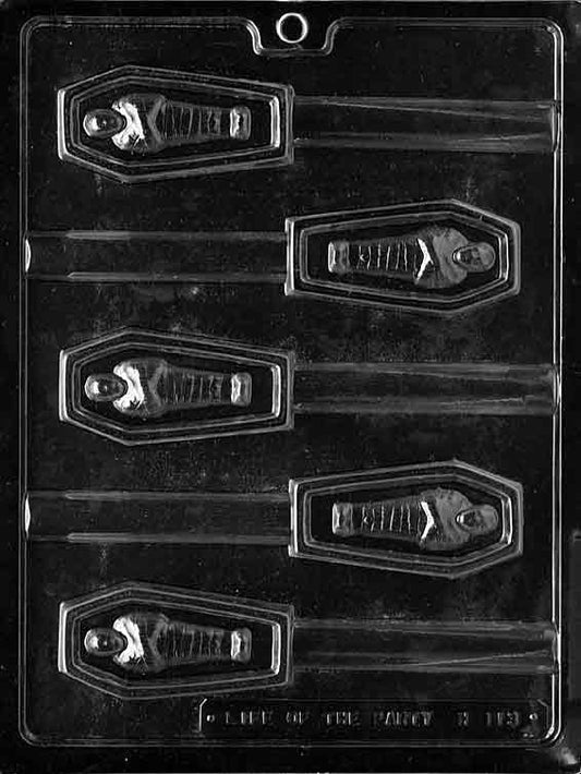 Casket Pretzel Pop mold H113, coffin-shaped chocolate topper with beveled edges; sized to sit on a pretzel rod.