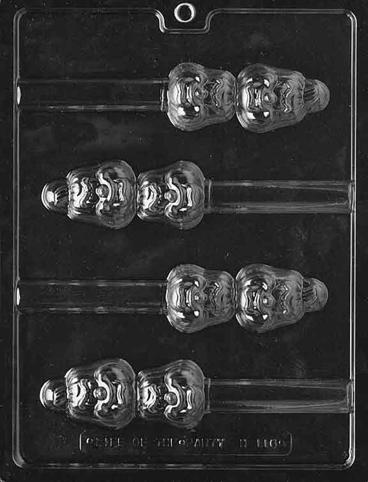 Jack-O-Lantern Pop mold H116, elongated pumpkin face with carved features; lollipop format with ridged texture.