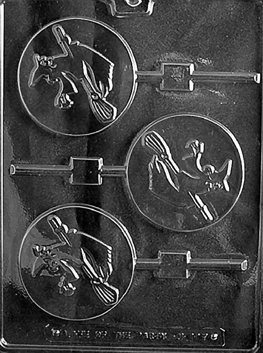 Witch Lollipop mold H117, rounded chocolate pop depicting witch face with hat and hair; shallow depth with clean relief.