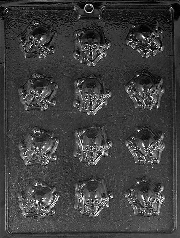 Bite-Sized Skull with Crossbones mold H162, small skull candy with crossed bones behind; compact shallow shape.