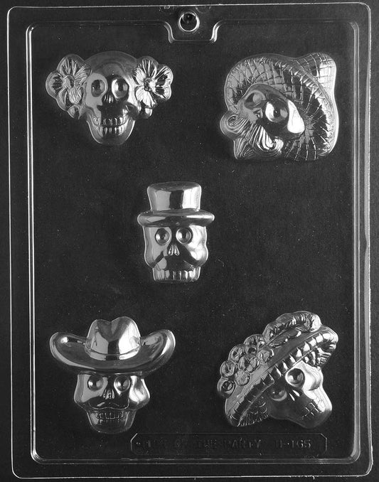 Day of the Dead mold H165, set of ornamental skull plaques with floral and swirl details; five varied sizes for decorative assortments.