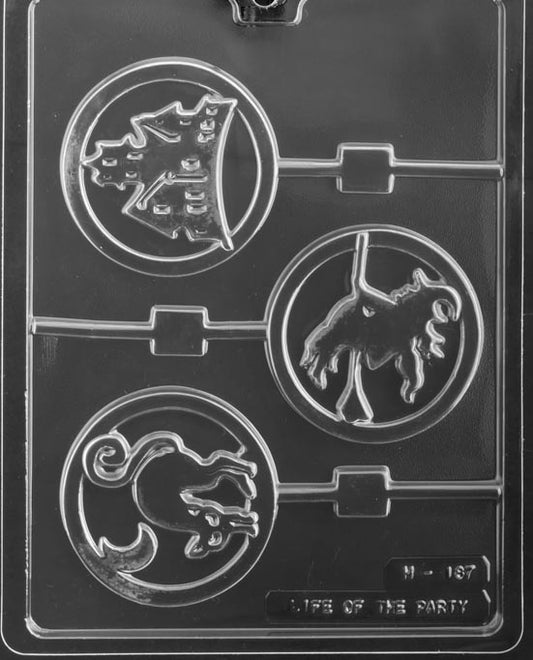Image shows WITCH, HAUNTED HOUSE, CAT Lollipop mold with three Halloween-themed designs: a flying witch, a haunted house, and a sitting cat. Halloween chocolate mold.