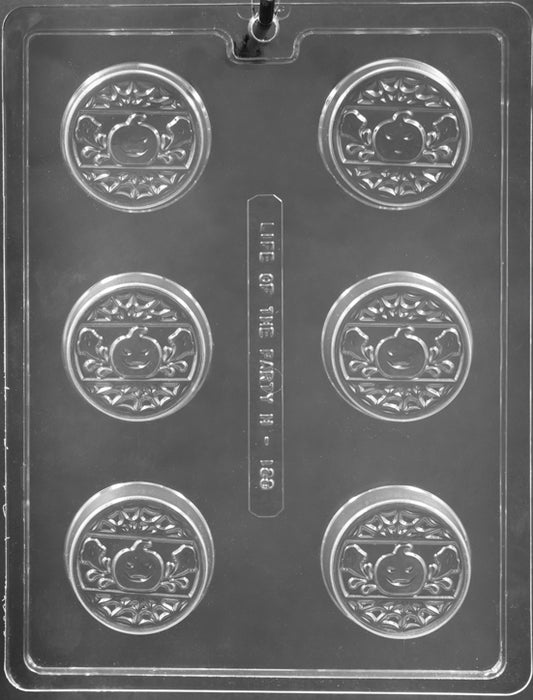 Image shows PUMPKIN, GHOST, SPIDER, and WEB COOKIE mold with four Halloween-themed cavities for chocolate or cookie designs.
