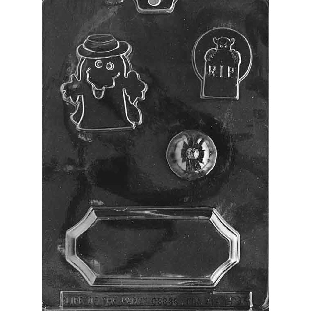 Clear plastic chocolate mold with assorted Halloween cavities including a cartoon ghost wearing a hat, an RIP tombstone, a round eyeball, and a coffin-shaped plaque, shown on a dark background.