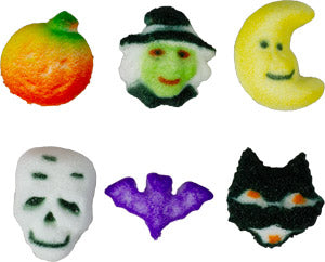 Six assorted 3/4-inch Halloween pressed sugar edible decorations featuring an orange pumpkin, witch face, yellow crescent moon, white skull, purple bat, and black cat.