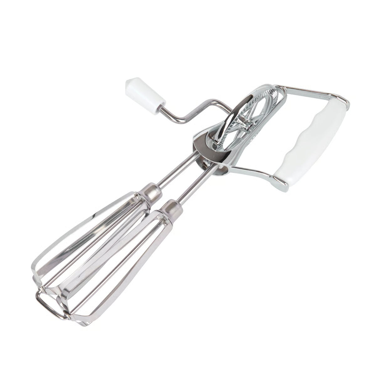 Metal hand mixer beater on a white background