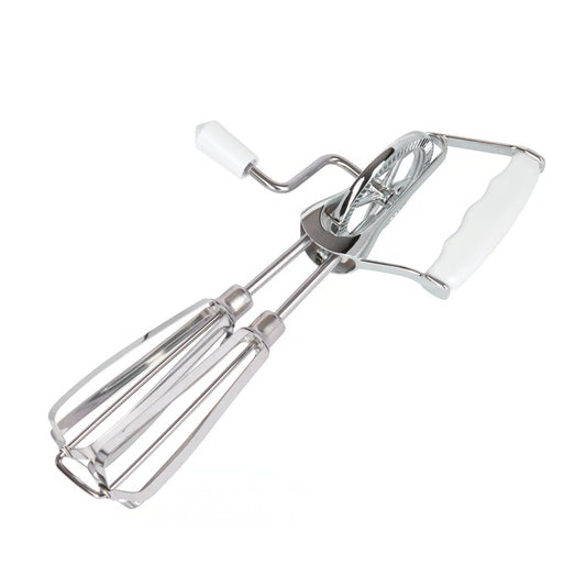 Metal hand mixer beater on a white background