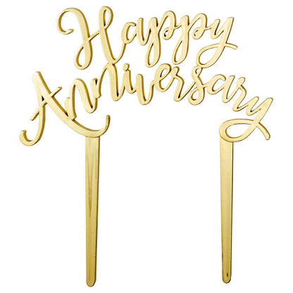 Gold Happy Anniversary cake topper with elegant script design and dual pick base.