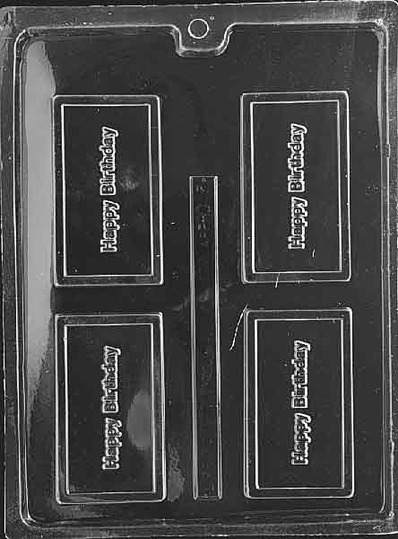 Clear plastic chocolate mold with four rectangular cavities, each featuring raised "Happy Birthday" text in the center; designed to create card-sized chocolate pieces for party treats or edible gifts.