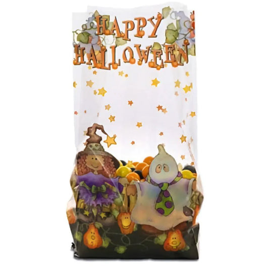 Clear medium Halloween cello treat bag with “Happy Halloween” text at the top, gold stars, and colorful cartoon witch and ghost near the bottom, shown filled with candy.