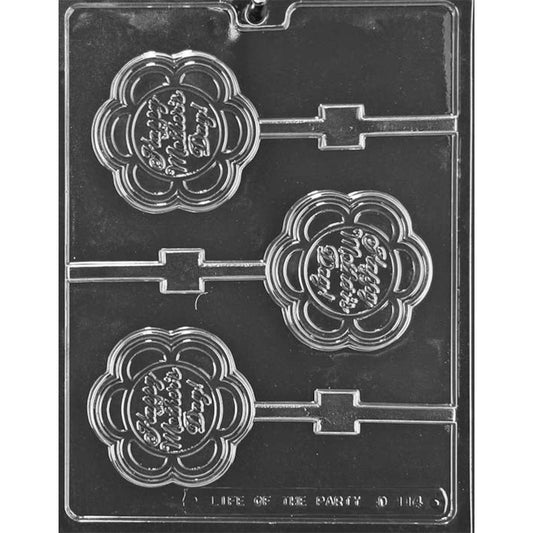 Clear plastic chocolate lollipop mold with three flower-shaped cavities featuring the words “Happy Mother’s Day” in the center.