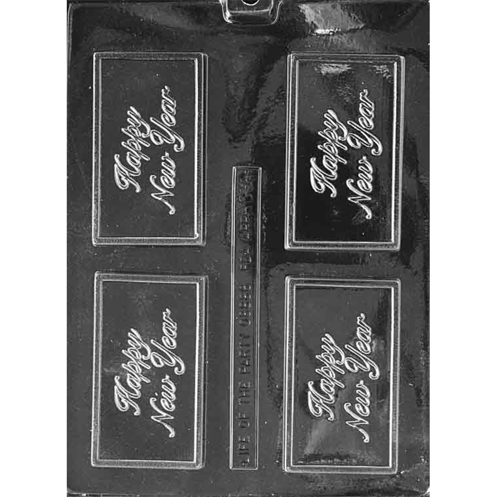 Clear plastic chocolate mold with four rectangular bar cavities featuring raised “Happy New Year” script inside a border, plus a long narrow strip cavity in the center, on a dark background.