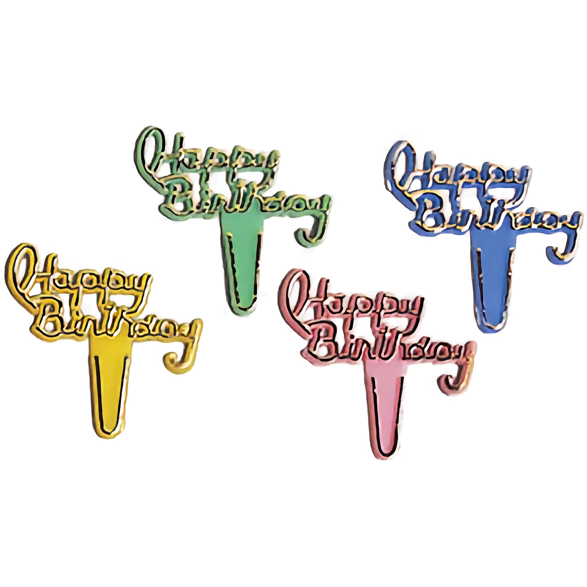 Set of four 'Happy Birthday' cupcake picks in pastel colors: yellow, green, pink, and blue, displayed against a white background.