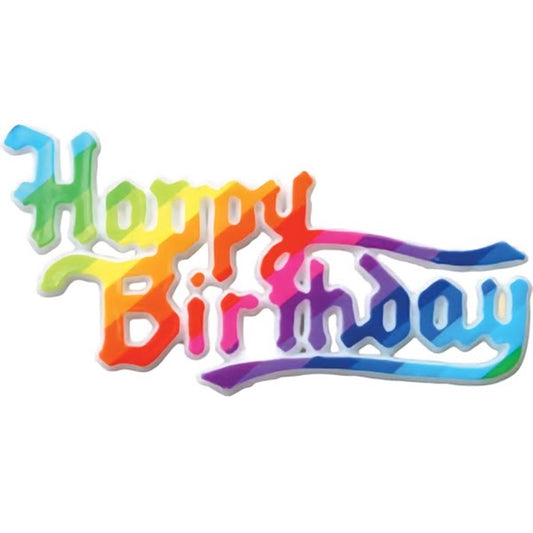 Happy Birthday rainbow cake topper plaque featuring bold, flowing letters in a gradient of rainbow colors, offering a cheerful and inclusive decoration for all birthday celebrations.