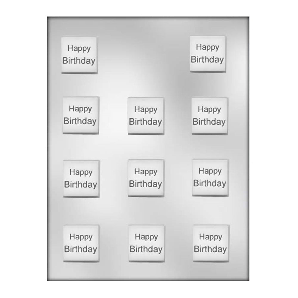 Square chocolate mold with "Happy Birthday" embossed in each cavity, providing a festive touch to birthday party chocolates.