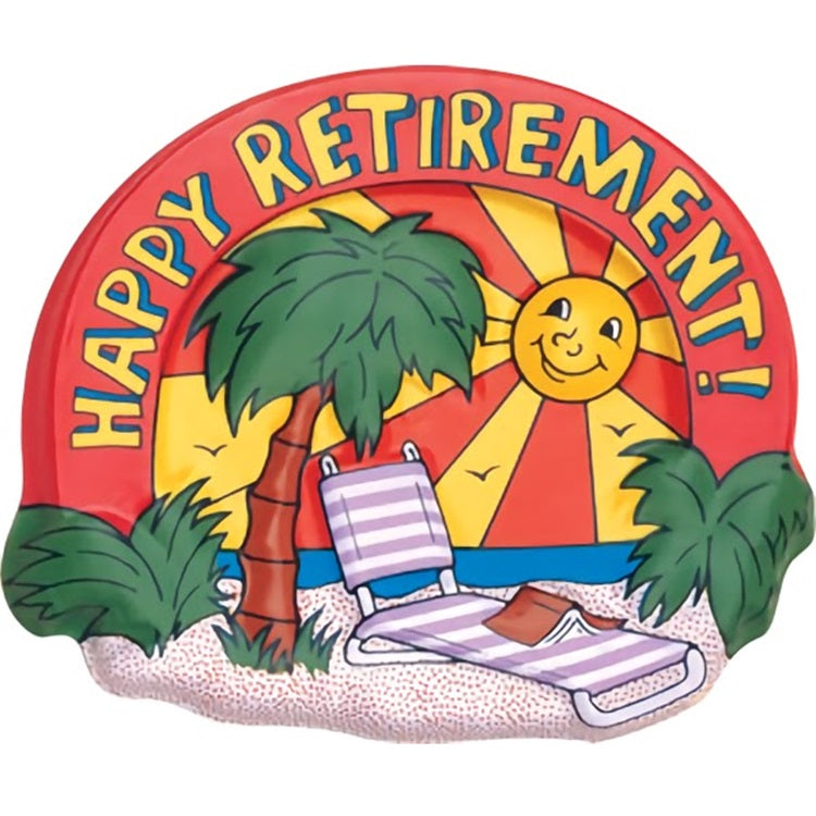 A colorful and cheerful 'Happy Retirement' cake topper featuring a beach scene with palm trees and a smiling sun, ideal for a retirement party.