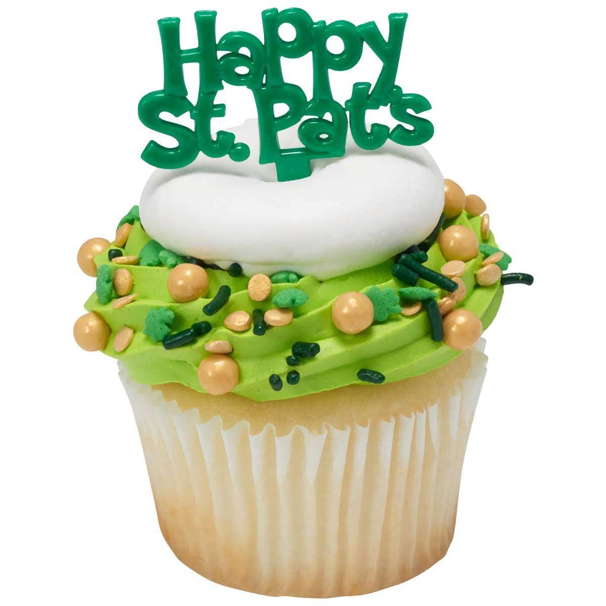 Cheerful 'Happy St. Pats' message cupcake pics, crafted in bright green to bring a joyful message to your St. Patrick's Day dessert table, perfect for adding a personalized touch to cupcakes and celebratory treats.