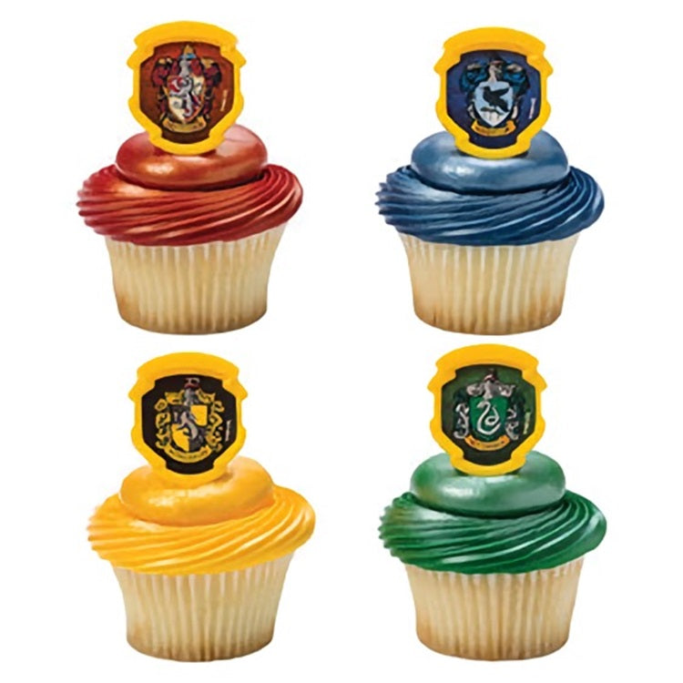 Set of Harry Potter Hogwarts house crest cupcake toppers, with each house's vibrant colors and emblem, perfect for wizarding world-themed parties. Enhance your baking with our selection at Lynn's Cake, Candy, and Chocolate Supplies.