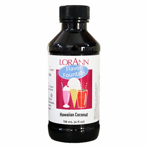 LorAnn Hawaiian Coconut Flavor Fountain bottle with illustrated label showing ice cream and milkshakes, used to flavor frozen desserts and tropical beverages