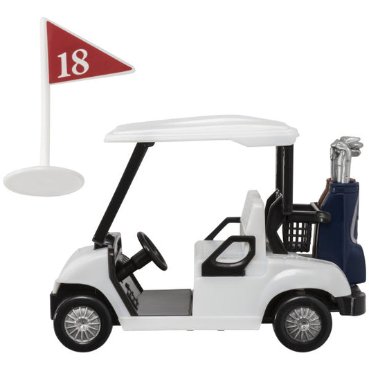 A realistic miniature golf cart with rolling wheels and a red 18th-hole flag, perfect for cake decorating.