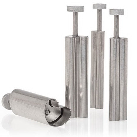 Set of four stainless steel heart-shaped plunger cutters standing upright, showcasing different sizes.