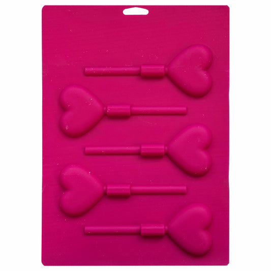 Pink silicone mold with five heart-shaped lollipop cavities, including stick channels, designed for candy and chocolate making.