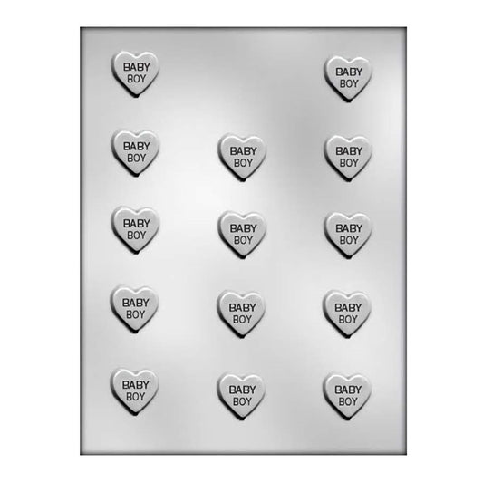 Heart-shaped chocolate mold with "Baby Boy" written in the center, perfect for baby showers or gender reveal parties.