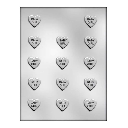 A chocolate mold with fourteen heart-shaped cavities, each inscribed with 'Baby Girl', suitable for baby shower treats, christening favors, or to celebrate the arrival of a new girl in the family.