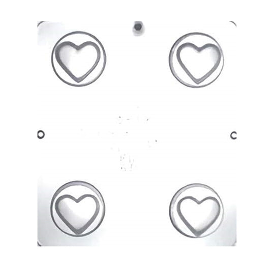A four-cavity chocolate mold, each cavity outlined by a circle with a simple heart shape at the center, designed for making round chocolates with a heart motif.