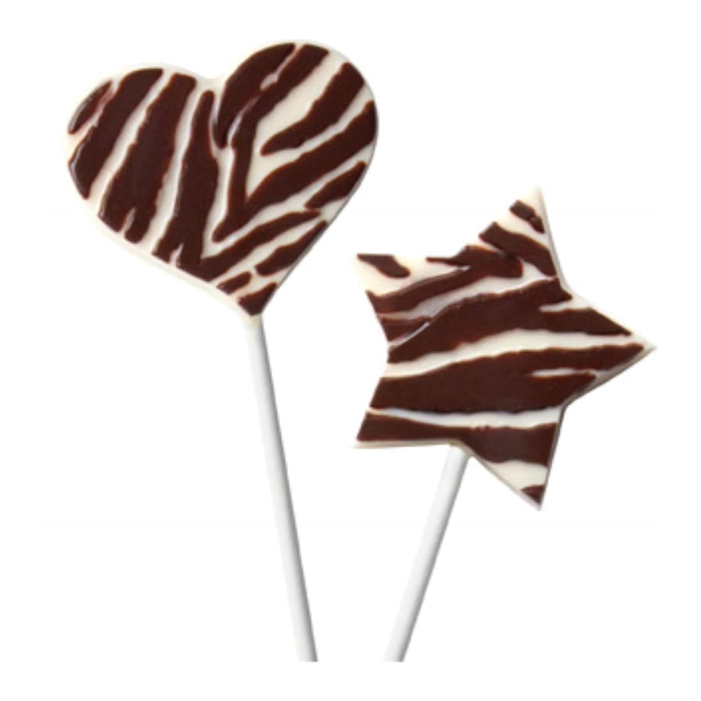 A duo of chocolate lollipop molds, one shaped as a heart and the other as a star, both adorned with a zebra stripe pattern for a wild touch, offering a unique blend of romance and adventure for themed parties or creative baking projects.