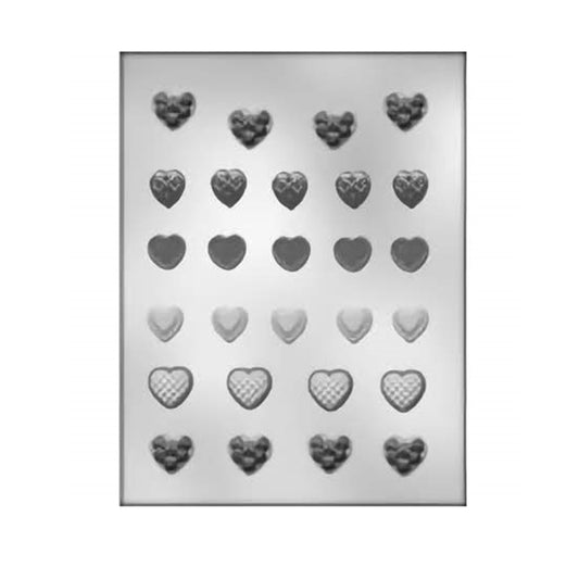 Assorted small hearts chocolate mold with multiple cavities featuring various heart designs, including solid, textured, and outlined hearts, perfect for creating a selection of miniature heart-shaped chocolates.