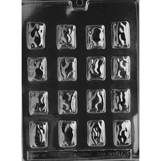 Clear plastic chocolate mold with 15 rectangular cavities for making Heath-style chocolate bars.