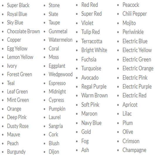 Text list of all colors included in the Heavenly Seventy Kit