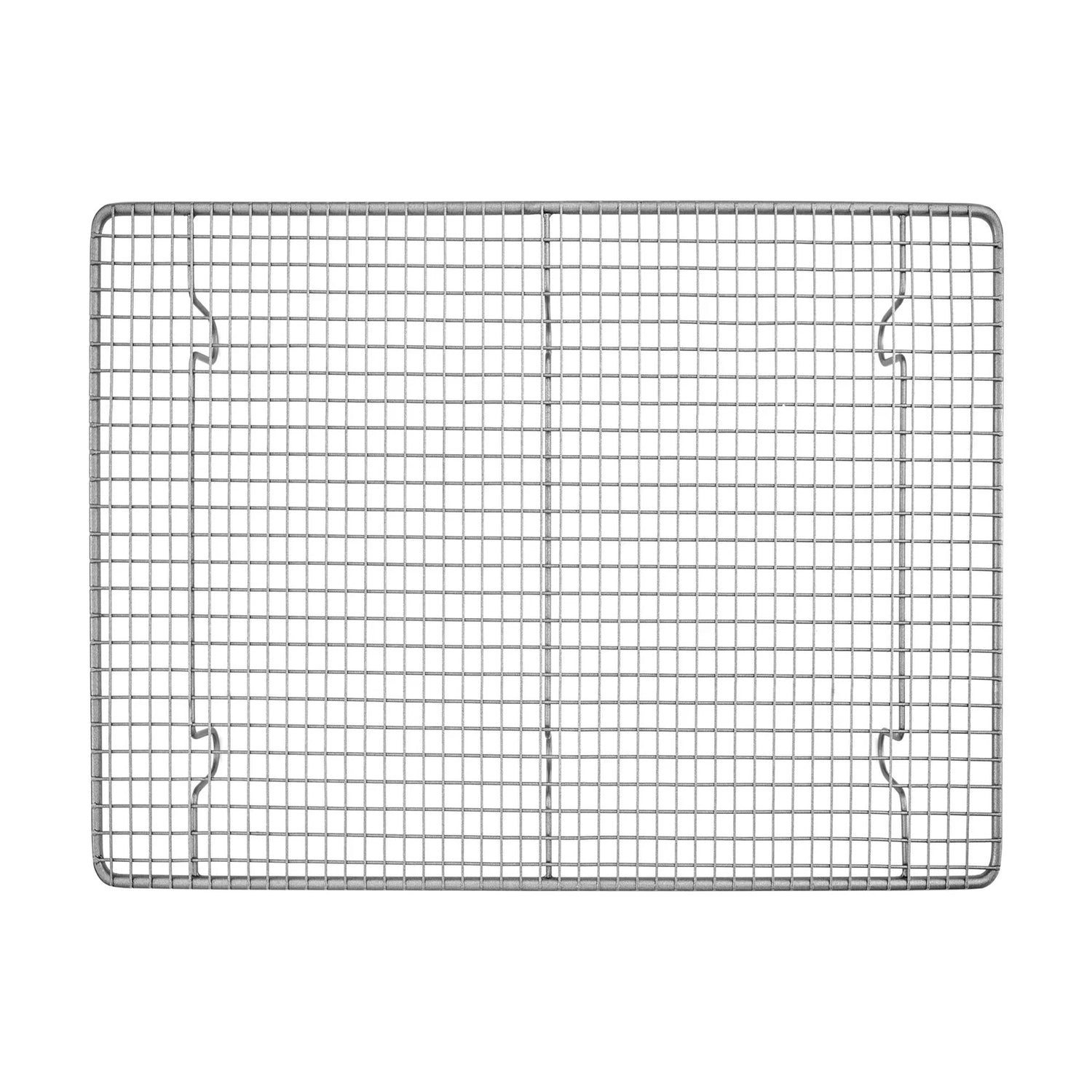 Stainless steel cooling and baking rack with a tight square grid pattern and six raised feet, shown on a white background.