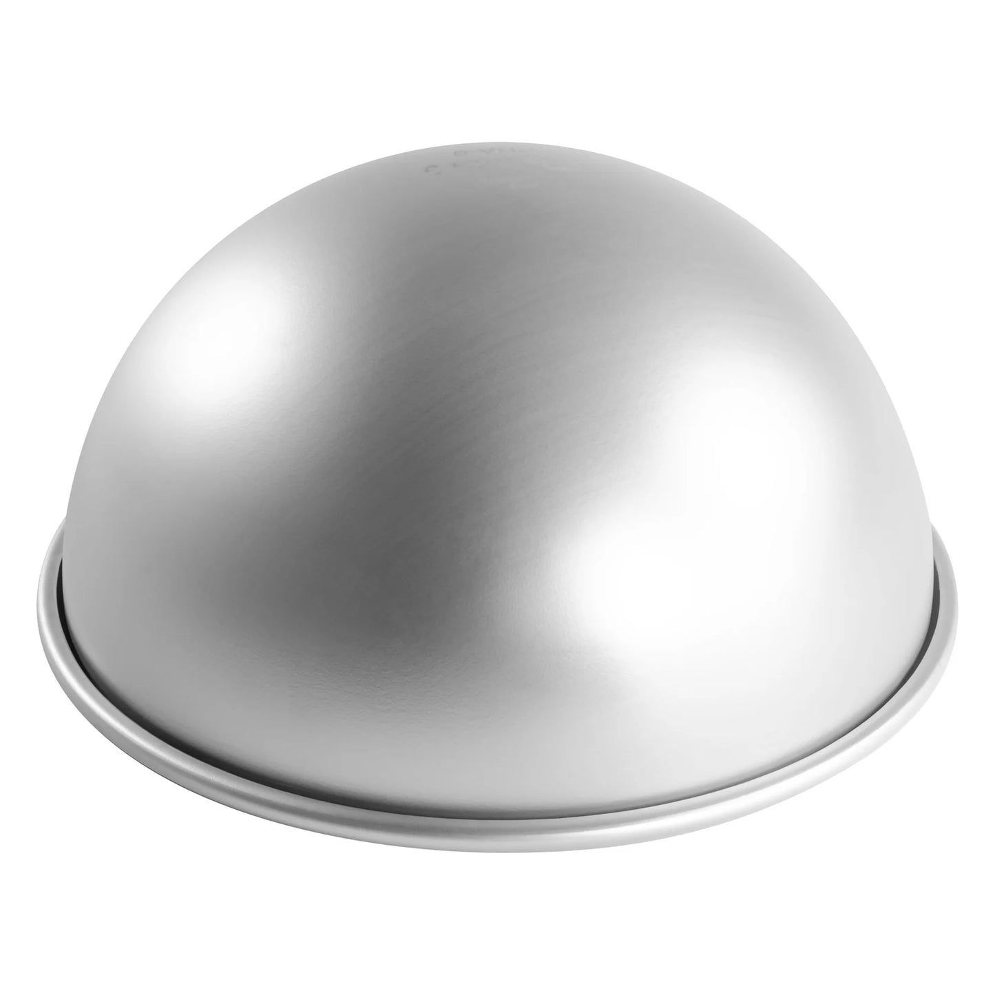 Silver anodized aluminum hemisphere cake pan with a smooth dome shape and a wide rim, shown on a white background.