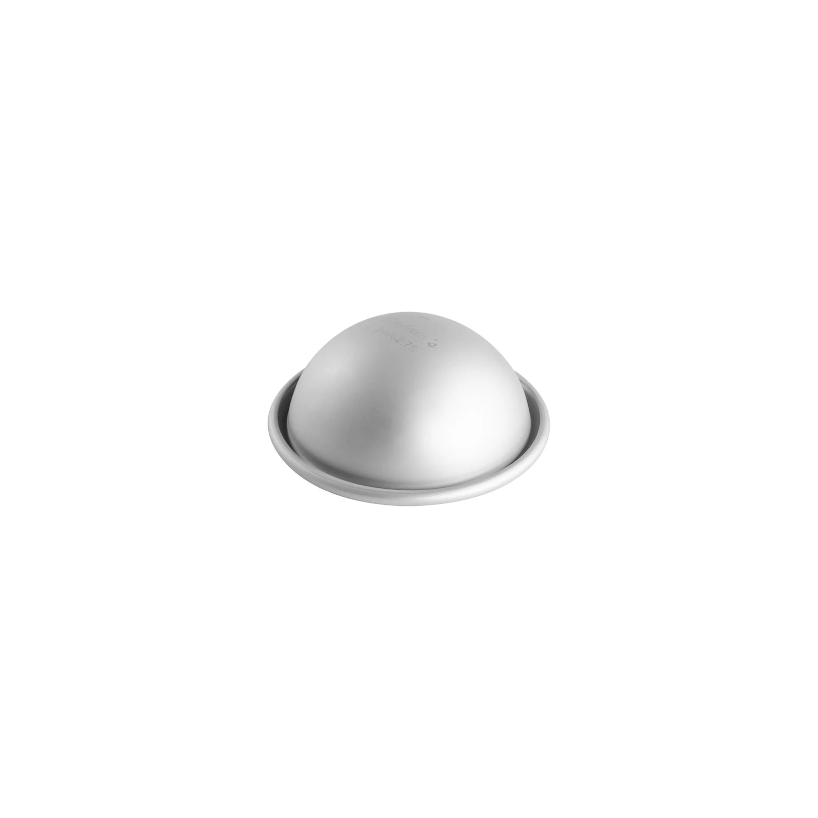 Silver anodized aluminum hemisphere cake pan with a smooth dome shape and a wide rim, shown on a white background.