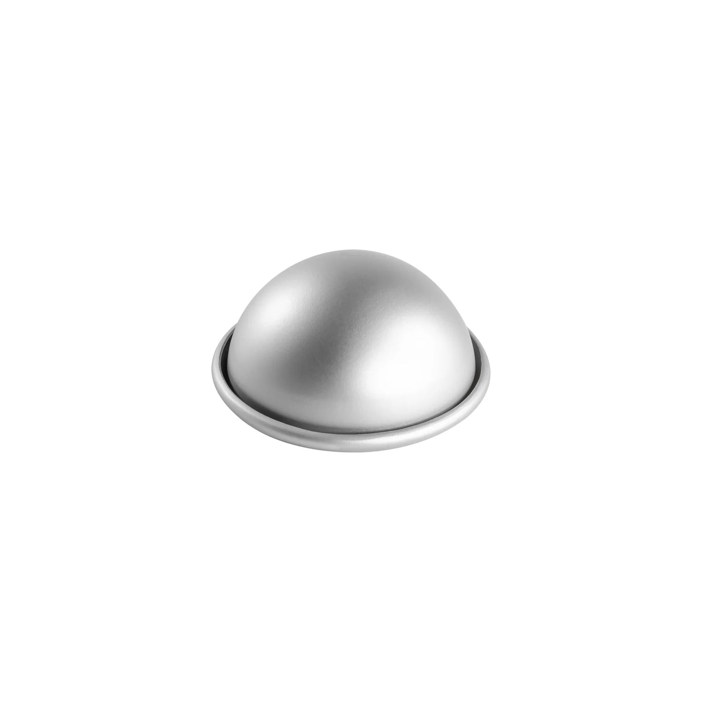 Silver anodized aluminum hemisphere cake pan with a smooth dome shape and a wide rim, shown on a white background.