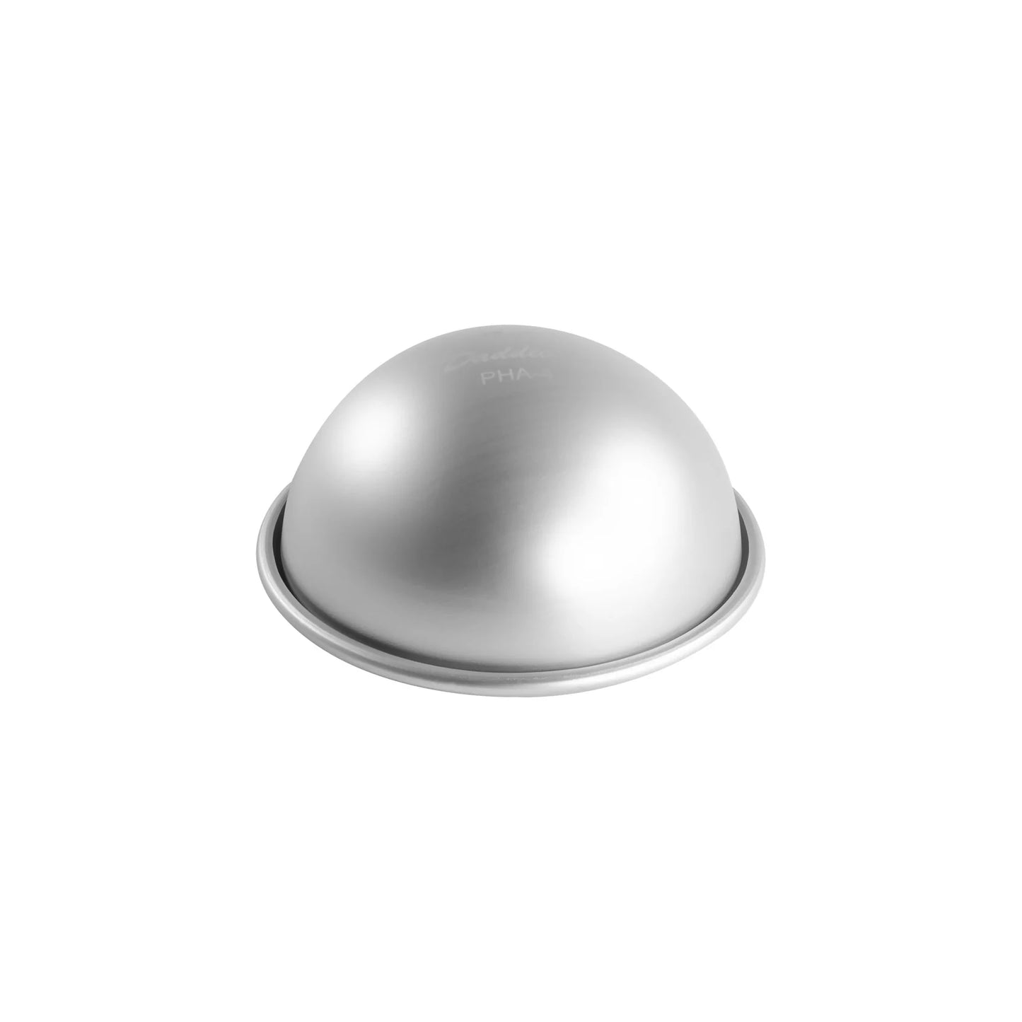 Silver anodized aluminum hemisphere cake pan with a smooth dome shape and a wide rim, shown on a white background.