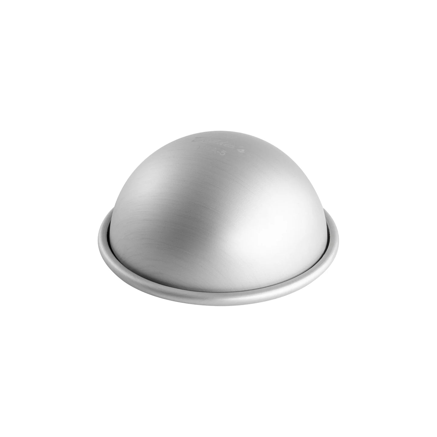 Silver anodized aluminum hemisphere cake pan with a smooth dome shape and a wide rim, shown on a white background.