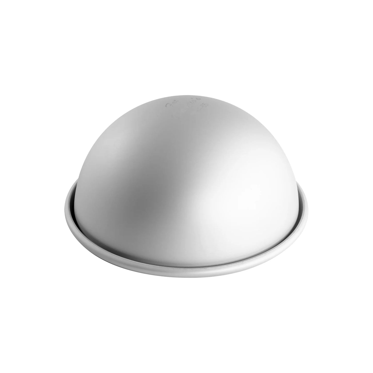 Silver anodized aluminum hemisphere cake pan with a smooth dome shape and a wide rim, shown on a white background.