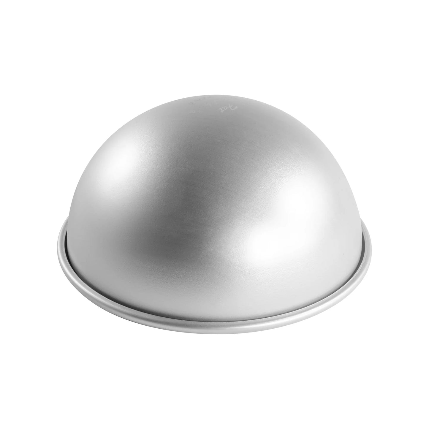 Silver anodized aluminum hemisphere cake pan with a smooth dome shape and a wide rim, shown on a white background.