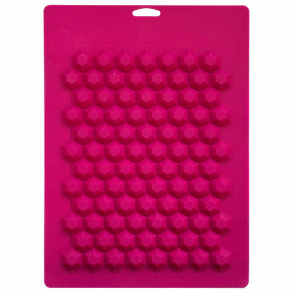 Bright pink silicone candy mold with 90 cube-style cavities, ideal for making hard candies or chocolates with a geometric finish.