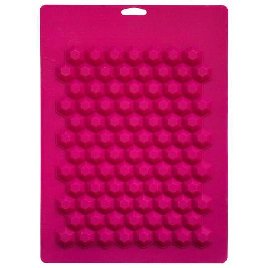 Bright pink silicone candy mold with 90 cube-style cavities, ideal for making hard candies or chocolates with a geometric finish.