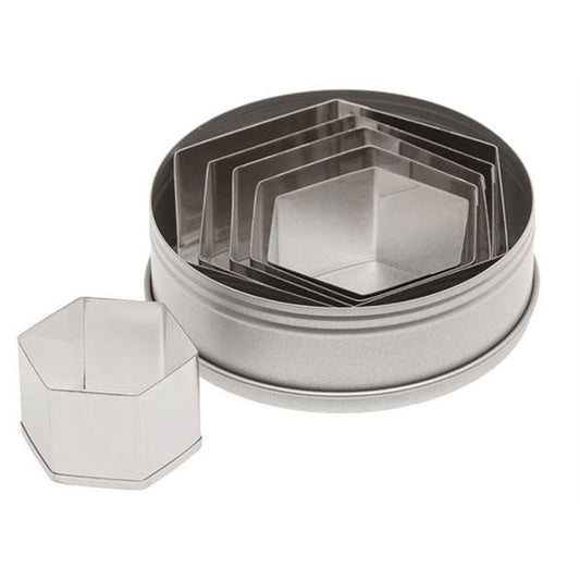 Set of six stainless steel hexagon cookie cutters nested inside a round metal storage tin, with one cutter displayed separately.