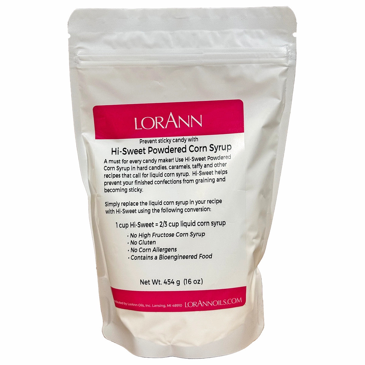 LorAnn Hi-Sweet Powdered Corn Syrup in a white resealable stand-up pouch with a magenta LorAnn label and black text describing powdered corn syrup for candy making