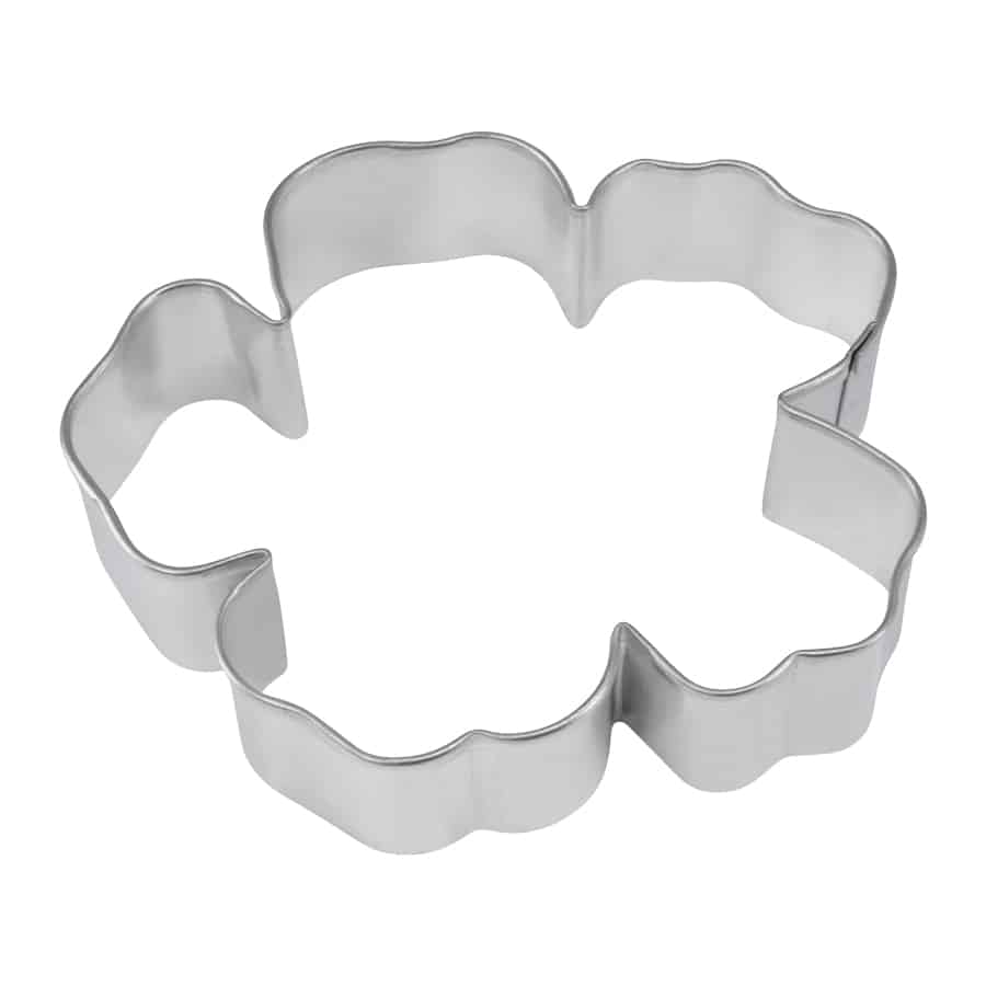 Hibiscus flower-shaped cookie cutter made of silver metal, showing its detailed petal design.