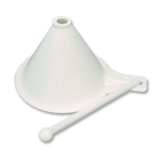 White high-heat candy funnel with a conical bowl and side handle, shown with matching control rod featuring a rounded tip; designed for precise pouring of caramel, hard candy, jelly, and chocolate.