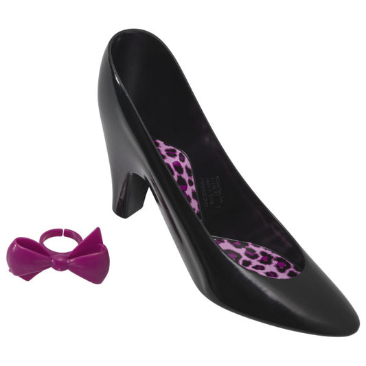Black plastic high heel cake topper with pink leopard print insole and detachable magenta bow ring.