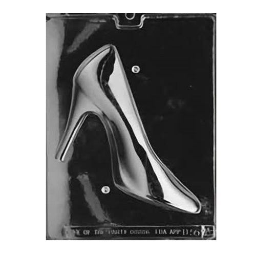 Glossy plastic two-piece chocolate mold designed to create a three-dimensional high heel shoe chocolate, with a sleek and stylish stiletto design.