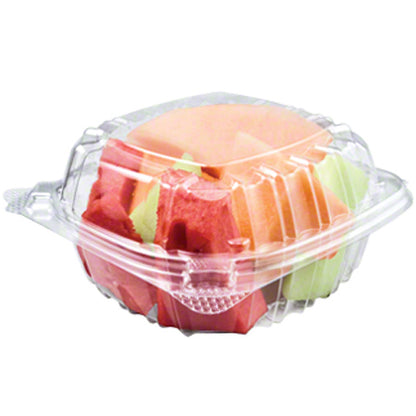 Clear PET plastic food container filled with fresh-cut fruit, designed for takeout and meal prep with a secure closure.